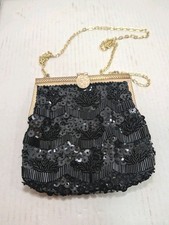 Vtg Black Bead Sequin Purse Fine Art Bags NY Hong Kong Gold Chain 15" Drop READ