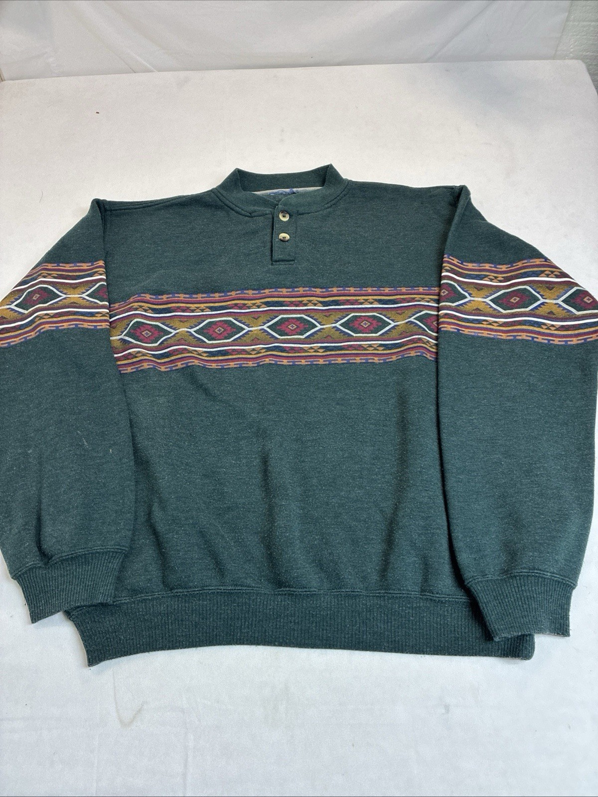 Vintage Men’s Large Long Sleeve Henley Neck Sweatshirt Pullover Aztec Print
