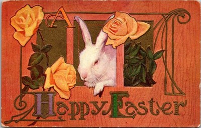 White Rabbit with Yellow Roses, Art Deco, A Happy Easter Embossed Postcard AA5