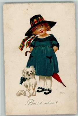 10065034 - Bin ich schoen, Maedchen mit ihrem Hund, Hutmode, Kinder  sign M.