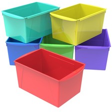 Wide Plastic Book Bin, Paper Storage for Children, Assorted Colors, 6-Pack