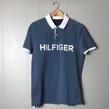 TOMMY HILFIGER BLUE WHITE CUSTOM FIT SPELLOUT POLO SHORT SLEEVE MENS SIZE LARGE