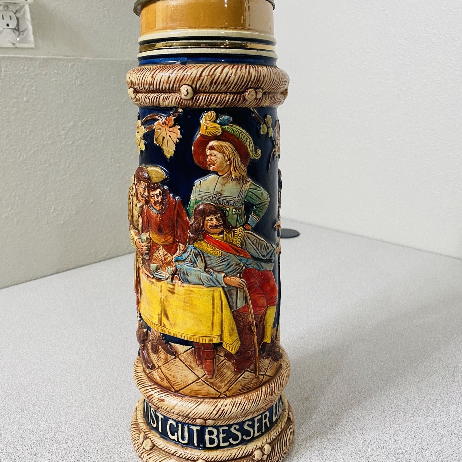 Vtg XL 3 Liter German Beer Stein Pewter Lid Western Germany 1482 Courage