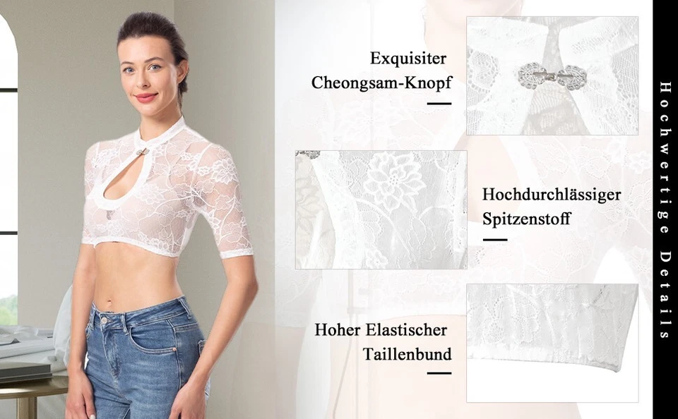 Dirndlparty Dirndl Bluse Halbarm Weiß, Mandarinkragen Gr. 34-46 - Bild 4 von 4