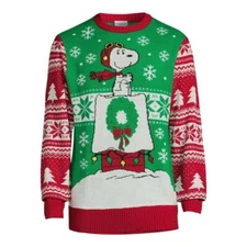 Peanuts Men's Snoopy Christmas Sweater with Long Sleeves Size 2XL (50-52) Green