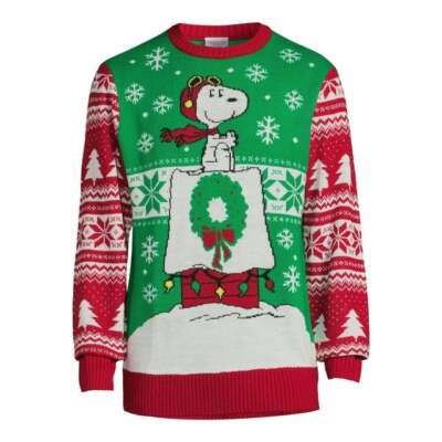 Peanuts Men's Snoopy Christmas Sweater with Long Sleeves Size 2XL (50-52)  Green