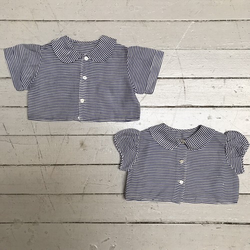 VTG 1940s Lot 2 Boy & Girl Toddler Baby Matching Striped Shirts Shell Buttons - Picture 1 of 6