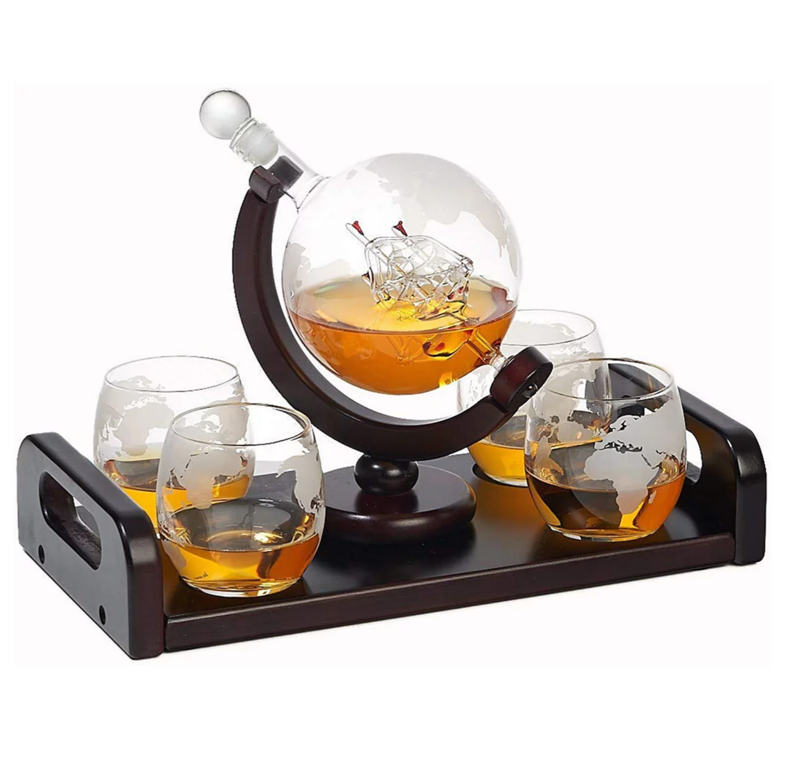 BEZRAT GLOBE WHISKY GLASS 10 OZ SET OF 4 DECANTER 28 OZ & TRAY GIFT SET NEW NIB-image
