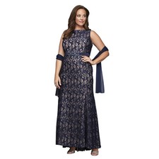 ALEX EVENINGS SLEEVELESS LACE BEADED DETAIL BELT  SHAWL NAVY DRESS sz 6P
