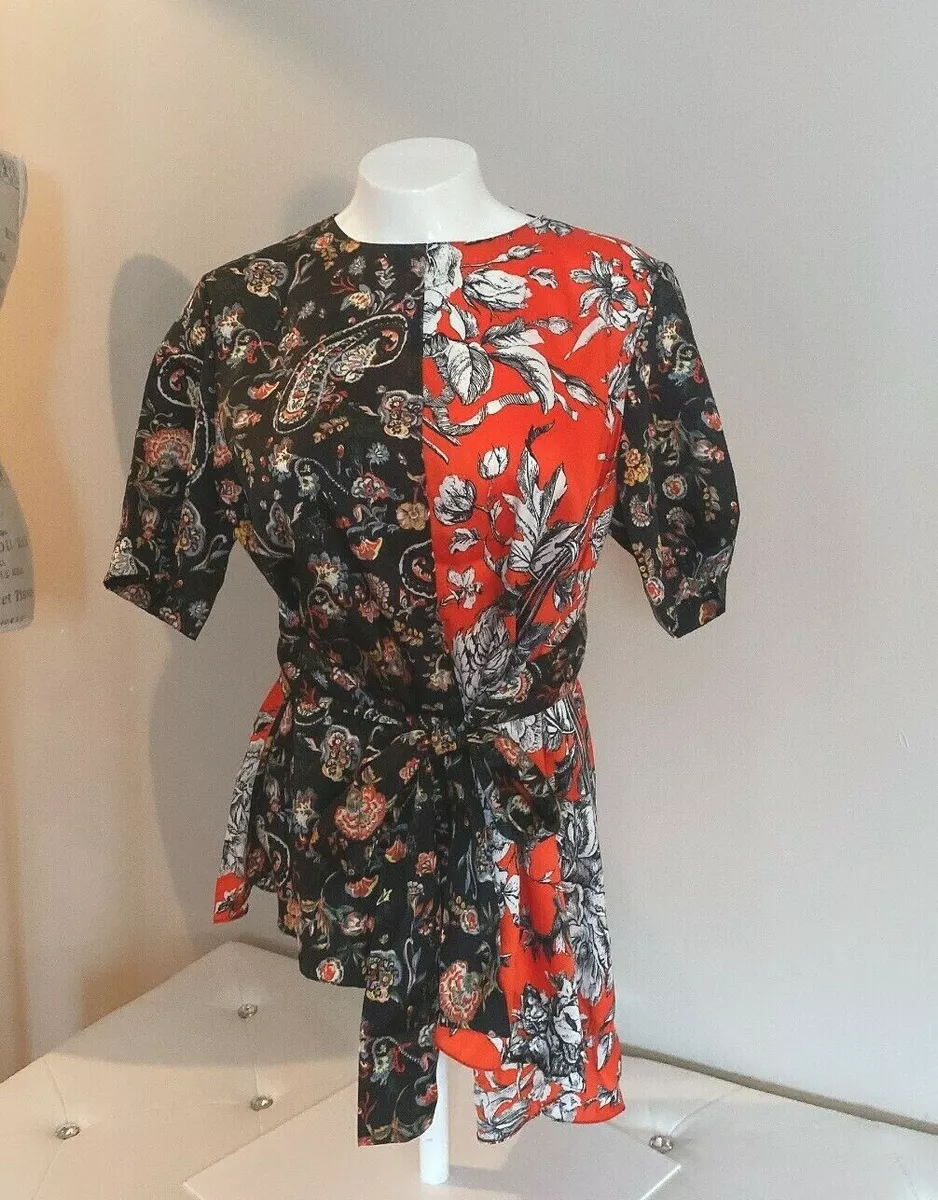 Zara Kimono Tie Waist Asymmetrical RED IVORY Floral Blouse XS