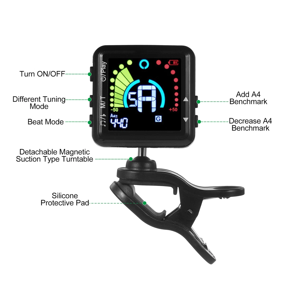 Rechargeable top guitar tuner