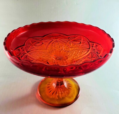 Viking Glass YESTERYEAR 8'' Compote AMBERINA Red, Gothic Arches, Stars, Buttons