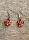 Dangle Heart Earrings Flower Pattern Bead Silver Tone C88-93