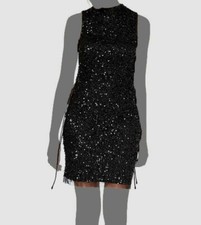 $274 Adrianna Papell Women Black Mock-Neck Sequined Lace-up Sheath Dress Size 14