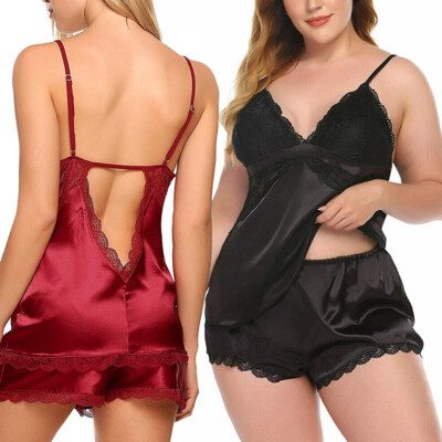 Plus Size Women's Sexy Lingerie Pajamas Set Satin Lace Cami Shorts Set  Sleepwear