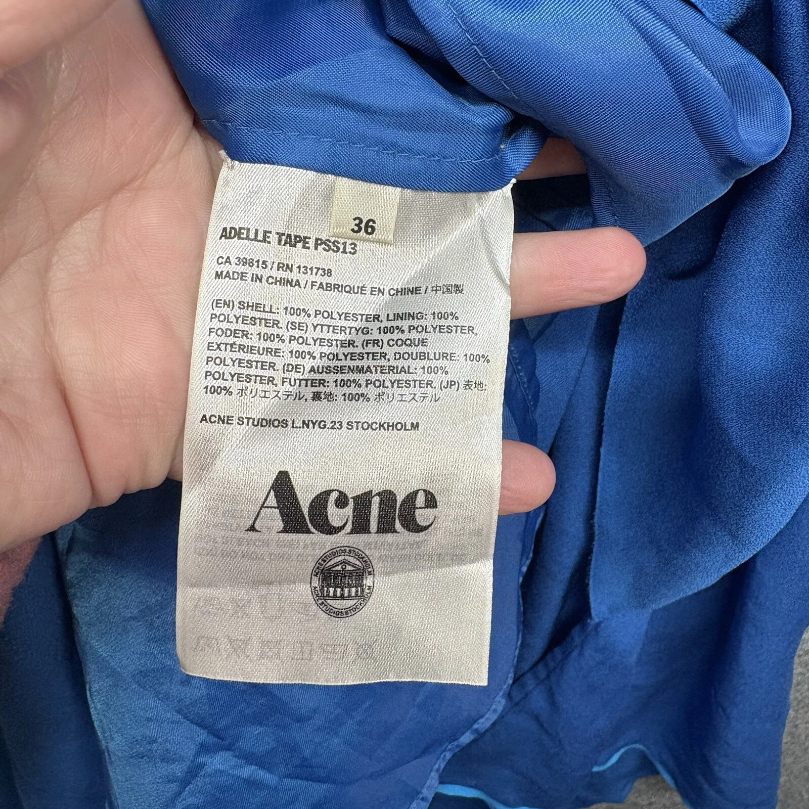 Abito donna Acne Studios Adelle taglia 36 UK 6 8 blu manica lunga leggero