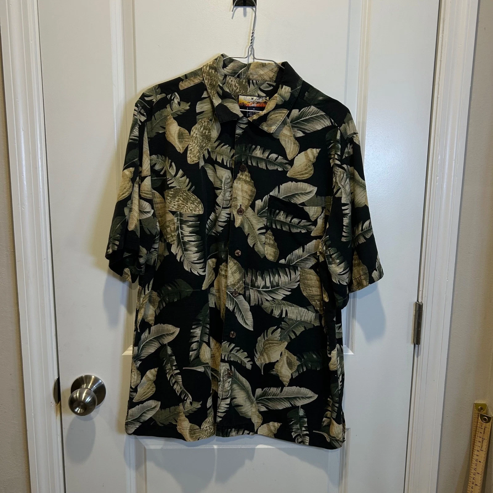 Havana Jacks Mens Button Down Shirt 100% Silk Tropical Palm Black Medium