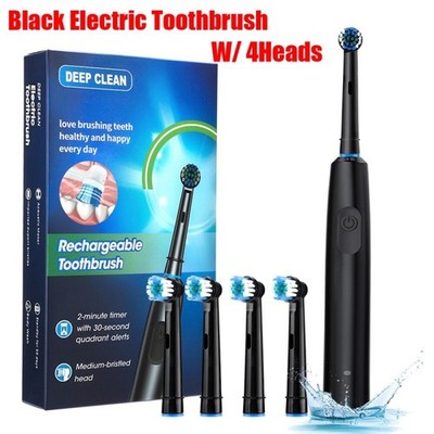 Rotating Electric Toothbrush Black White for Adults w/ 4 Brush Heads Deep Clean