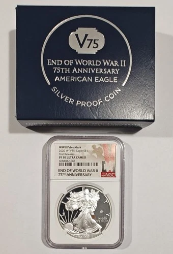 2020-W American Silver Eagle Proof End of WWII V75 Privy NGC PF70 ULTRA FR