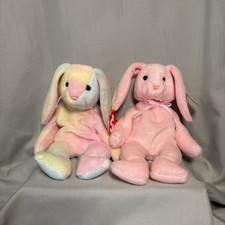 2 Ty Beanie Babies Hippity Pink  Floppity Tie-Dye Easter Spring Bunnies