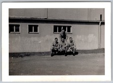 Vtg B W Snapshot Four Handsome Military Soldiers in Unifrom By Building 1940s
