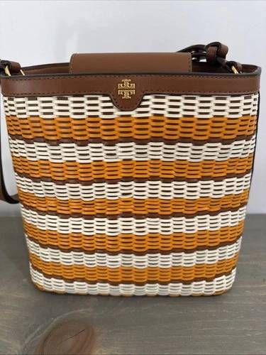 AUTH Tory Burch Woven Bucket Bag Orange Cream Brown Leather -Perfect Summer Bag