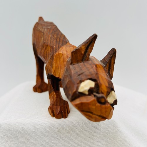 Hand Carved Wood Folk Art Naughty Boxer Dog Figurine Humor 5 inch Vintage