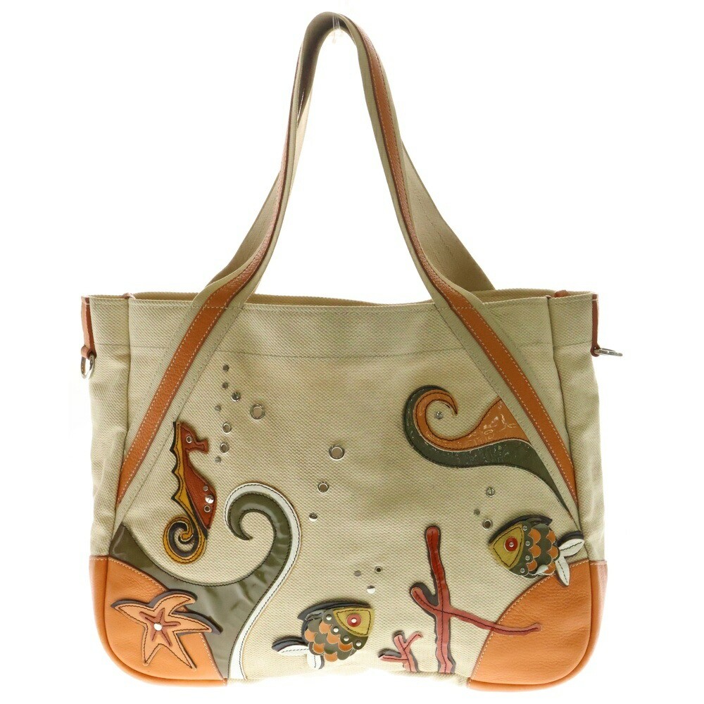 Prada Leather Canvas Tote Bag with Seahorse Motif and Studs in Beige Orange Br297