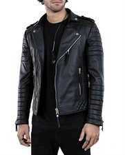 Men  s Black Biker Leather Jacket Genuine Lambskin Moto Cafe Racer Quilted Coat