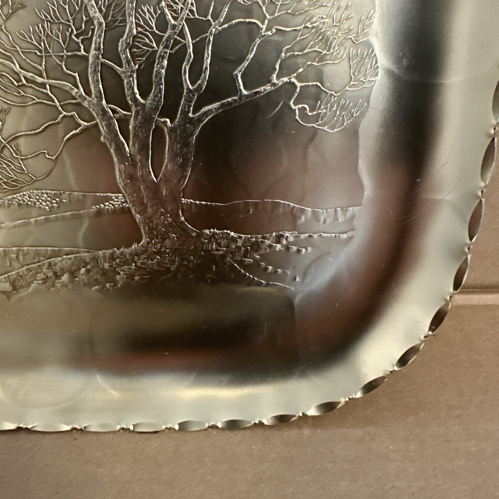 Arthur Armour Hammered Aluminum Gold Tray Tree Church Scene 11-5/8" x 11-5/8"