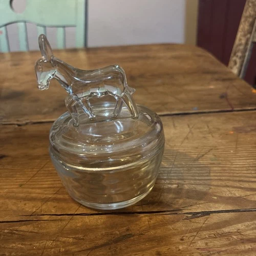 Jeanette Glass Donkey Lid Clear Glass Trinket Dish Vintage small chip see photo