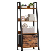 4-Tier Ladder Shelf, Ladder Bookshelf with Removable Drawer, Rustic Bookcase ...