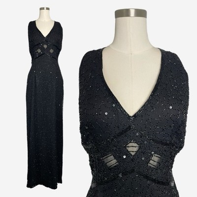 Vintage 90s Scala Silk black beaded sequin sheer panel cross back gown formal L