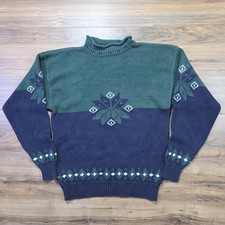 Vintage Gap Nordic Mock Neck Sweater Mens L Green Blue Fair Isle Cotton Knit