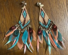 Magnifiques Boucles D’oreilles Gas Modèle Huichol à Plumes très Rare