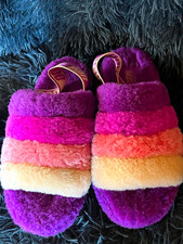 UGG Women s Fluff Yeah Rainbow Striped Faux Fur Slide Slipper US 7
