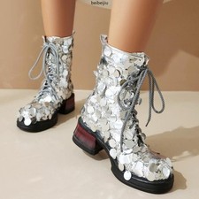 Bling Bling Sequins Ankle Boots Low Cuban Heel Round Toe Women's Lace Up Shoes