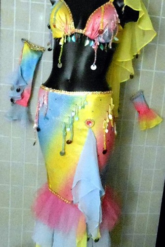Blue/Yellow/Pink Belly Dance Costume w/ Headpiece, Veil & Gauntlets--Small/Med