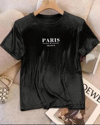 Super Chic Black Shiny Paris France T-shirt Women's Sz XL 16