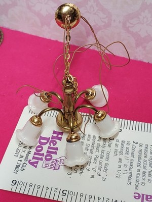 Miniature Dollhouse  Milk Glass Tulip Shade 5 Arm Chandelier 