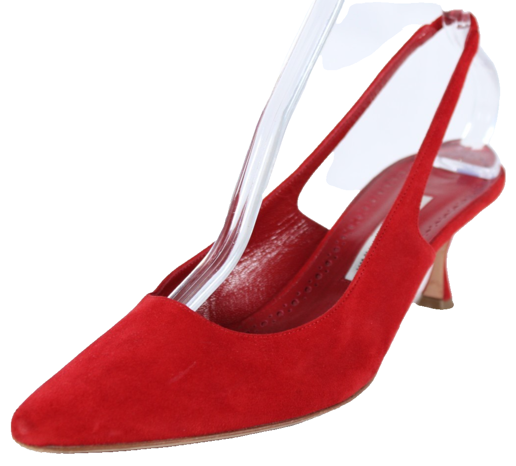 MANOLO BLAHNIK Cherry Red Suede Almond Toe Kitten Heels Slingbacks