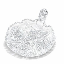 Vintage Cut Glass Crystal Candy Dish Handle Starburst Sawtooth Rim