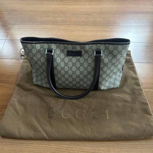 GUCCI GG Tote Hand Bag Magnetic Leather PVC Brown Beige Silver Hardware Japan