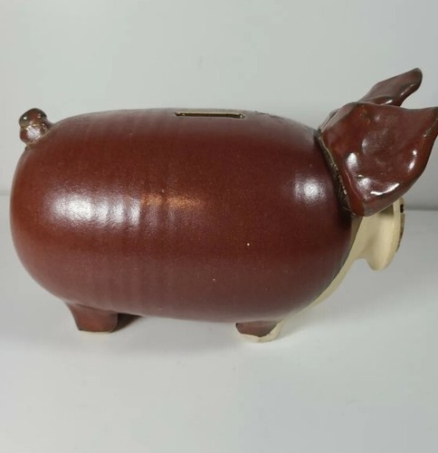 VINTAGE FOLK ART STONEWARE CLAY POTTERY GLAZE PIG PIGGY BANK CORK NOSE - Picture 4 of 5