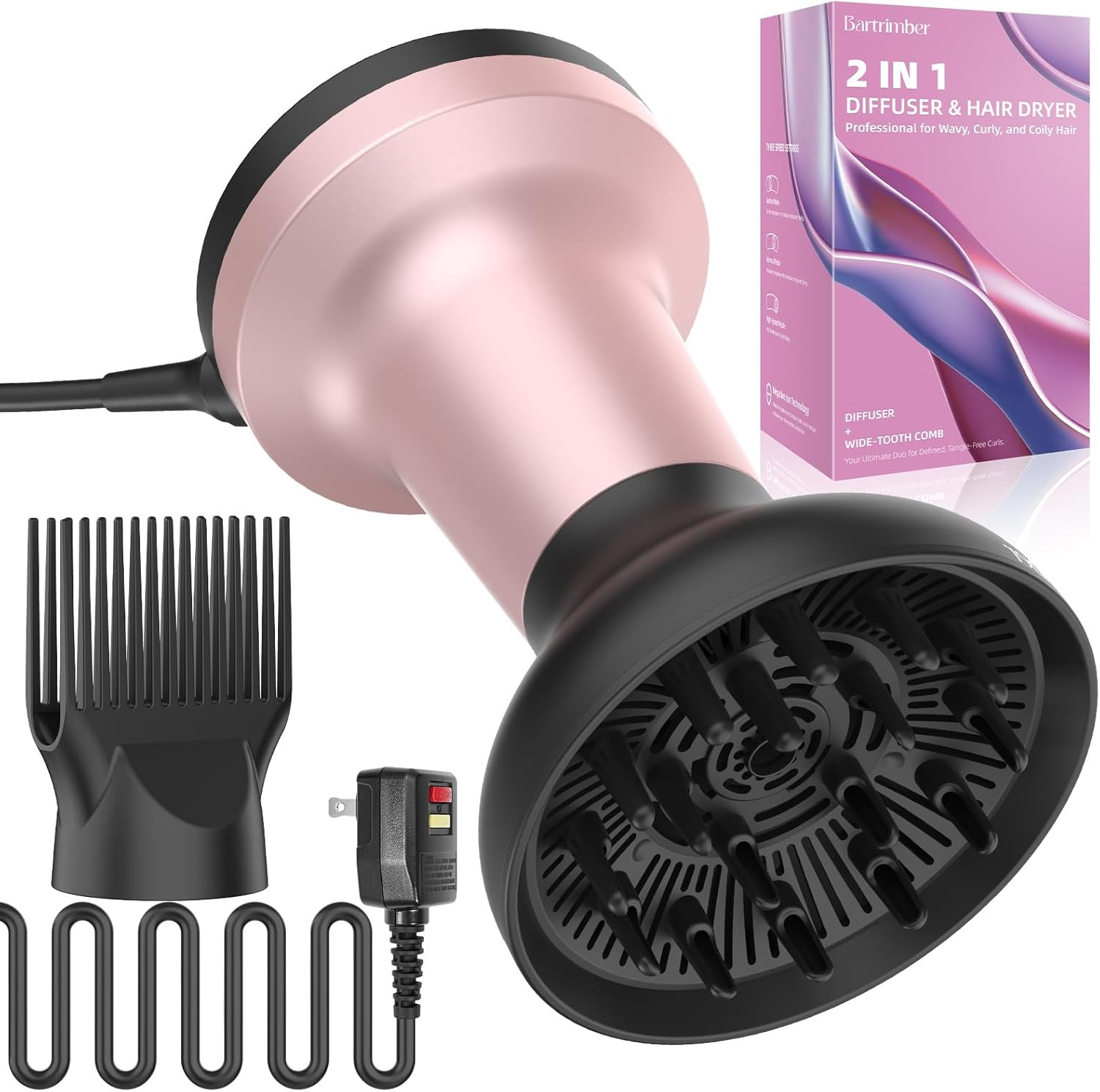 2 in 1 Diffuser Hair Dryer for Curly Hair: Portable 1875W Ionic Hair Dryer W/Dif