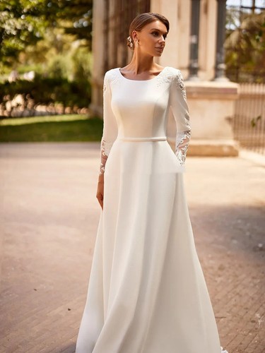 Wedding Dresses Long Sleeves Scoop Neck Plain Belt Applique Sweep Train - Picture 3 of 13