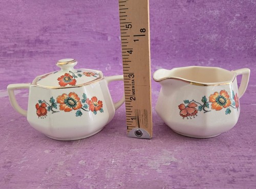 Homer Laughlin Poppy Covered Sugar and Creamer Octagonal Vintage Floral Gold USA - Picture 3 of 18