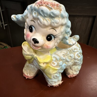 Vintage 1961 Samson Import #431B Blue Pink Ceramic 7'' Relpo Lamb Flower Planter