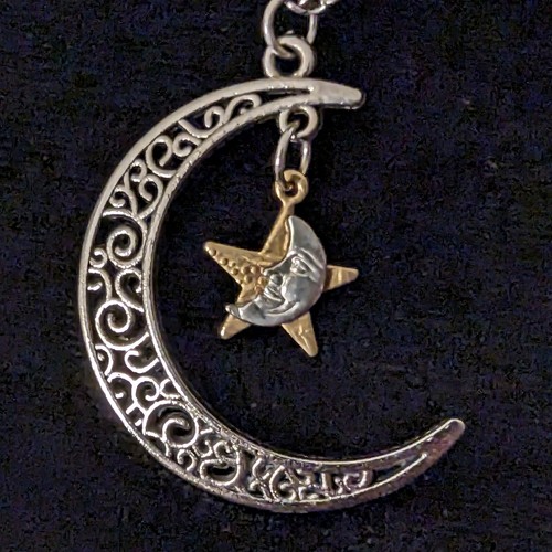 Silver Tone Filegree Crescent Moon w/ Star/Moon Dangle Pendant Necklace