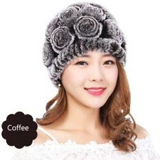 Women Fur Hat Real Rex Rabbit Fur Rose Cap Winter Warm Handmade Fluffy Soft
